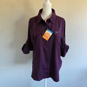 New COLUMBIA Sun Protection 40 UPF Omni-Shade Long Sleeve Shirt Purple Women XL